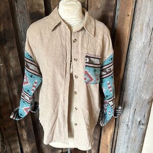 BKE Beige and Teal Patterned Shirt Jacket